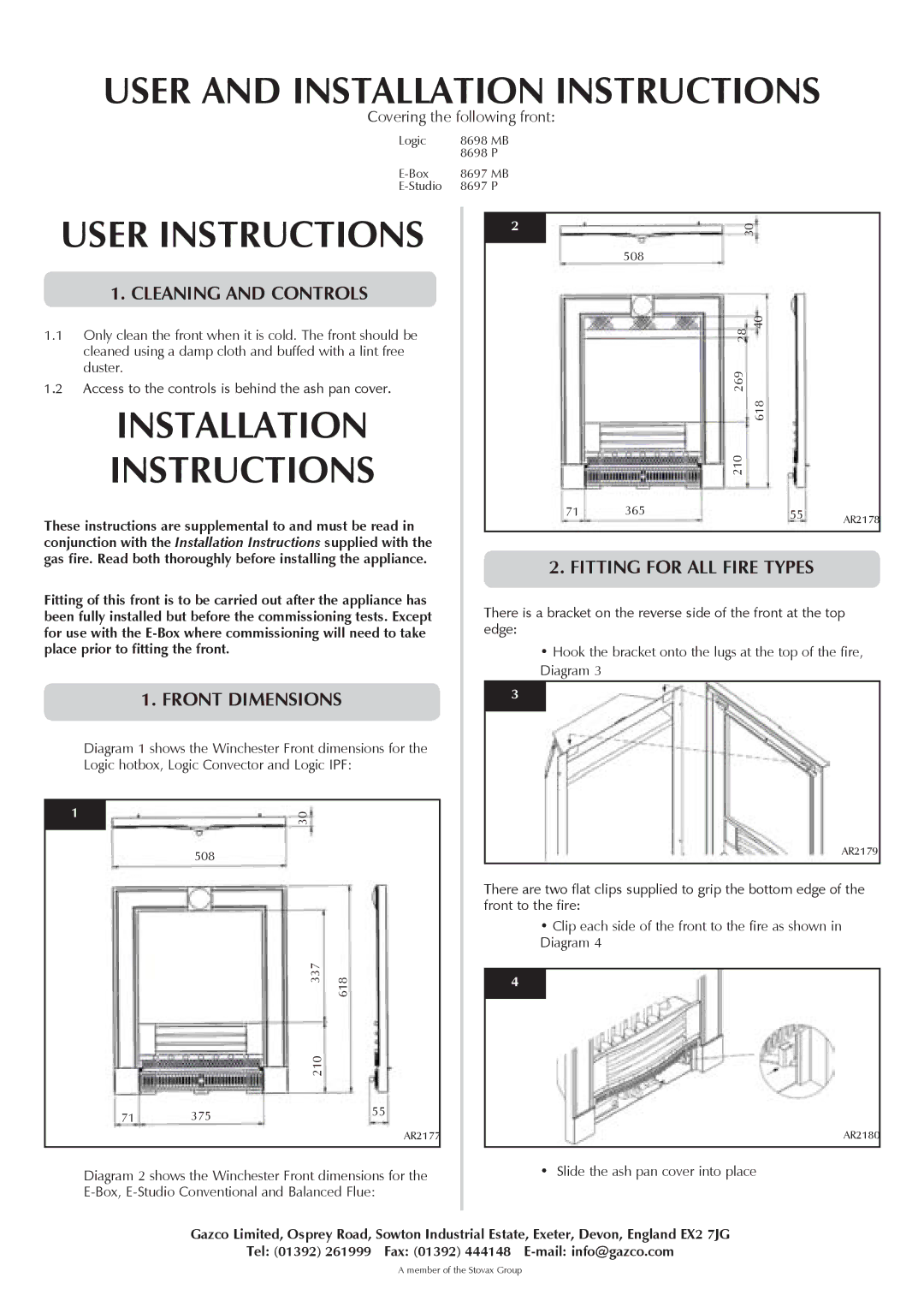 Stovax PR1018 User and INSTALLATION INSTRUCTIONS, User Instructions, Installation Instructions, Cleaning and Controls 